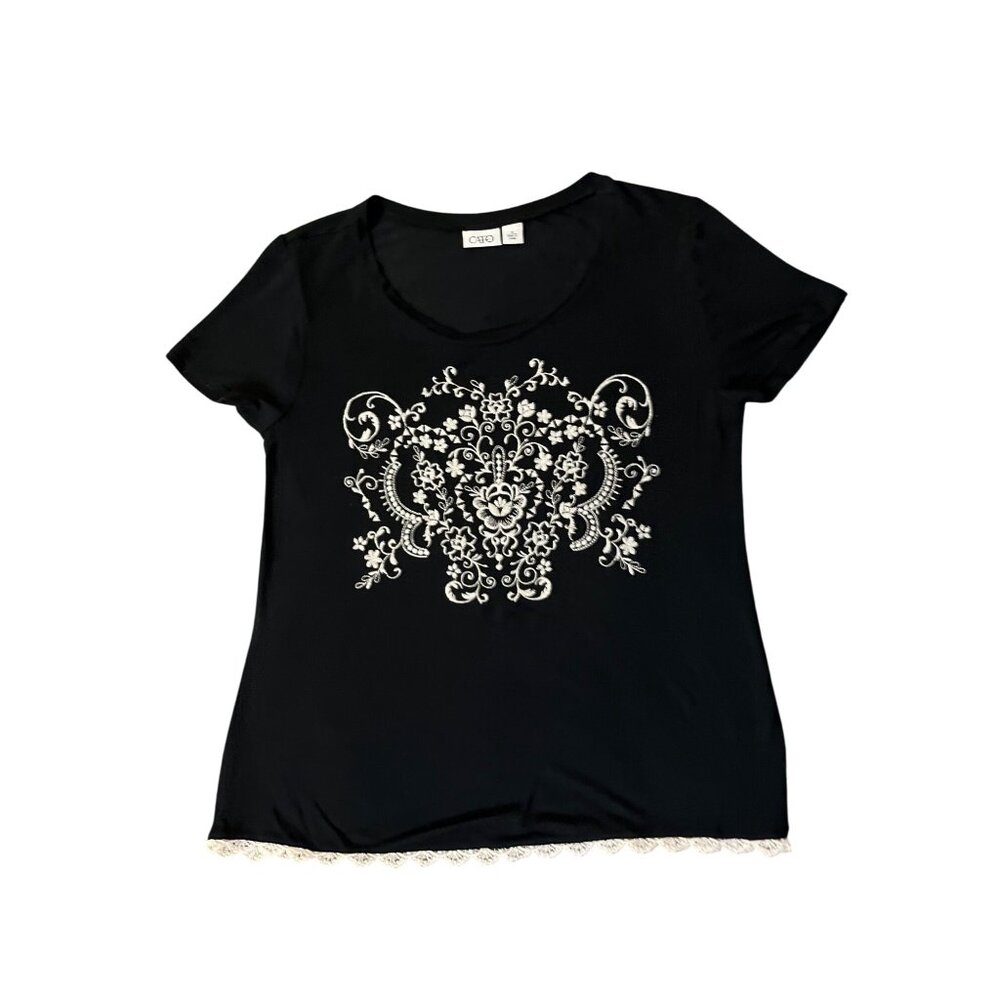 Cato T-Shirt Womens M Used Black Beige Lace - Picture 13 of 13
